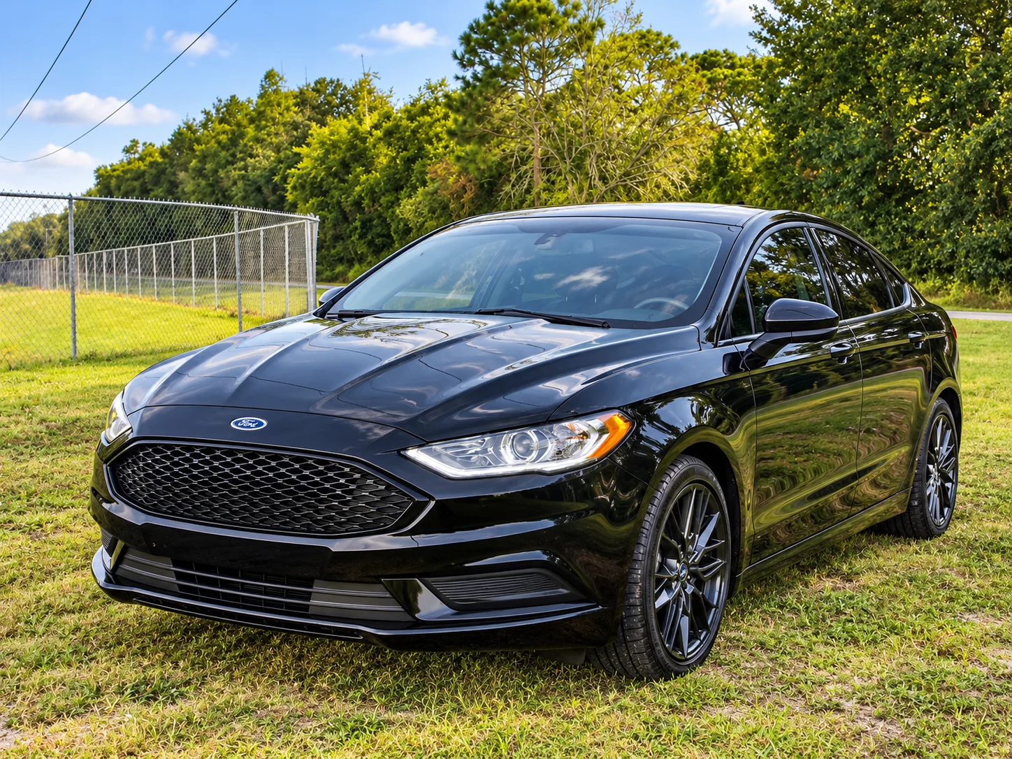 Glossy Black Ford Sedan in Sunlight